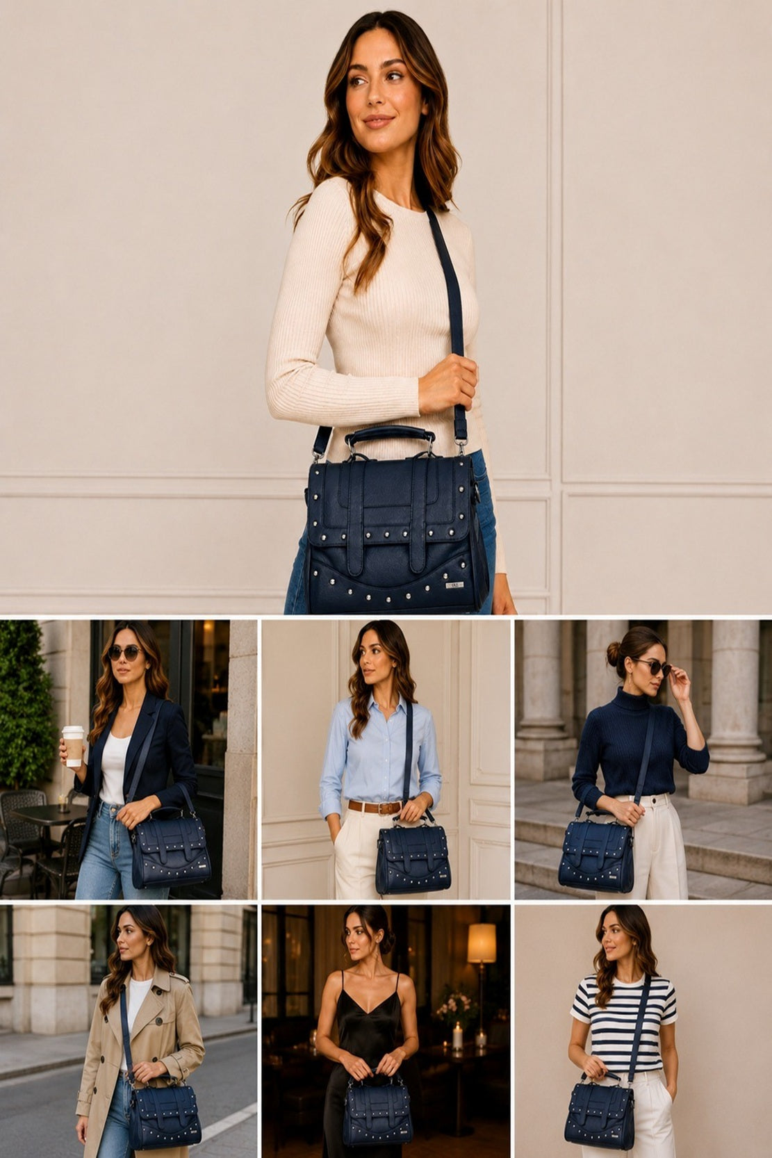Women's Satchel Leather Grain PU Bag Twin Zips & Studs