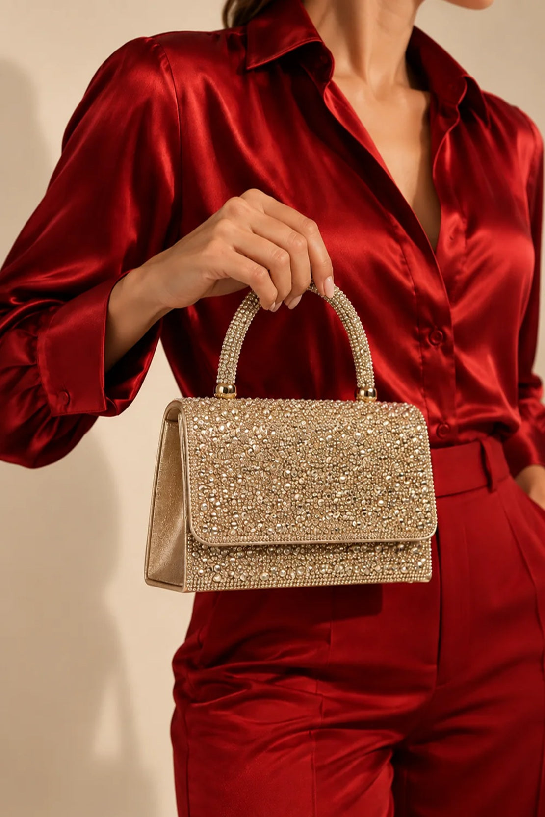 Women's Rhinestone Embellished Structured Top Handle Clutch Bag