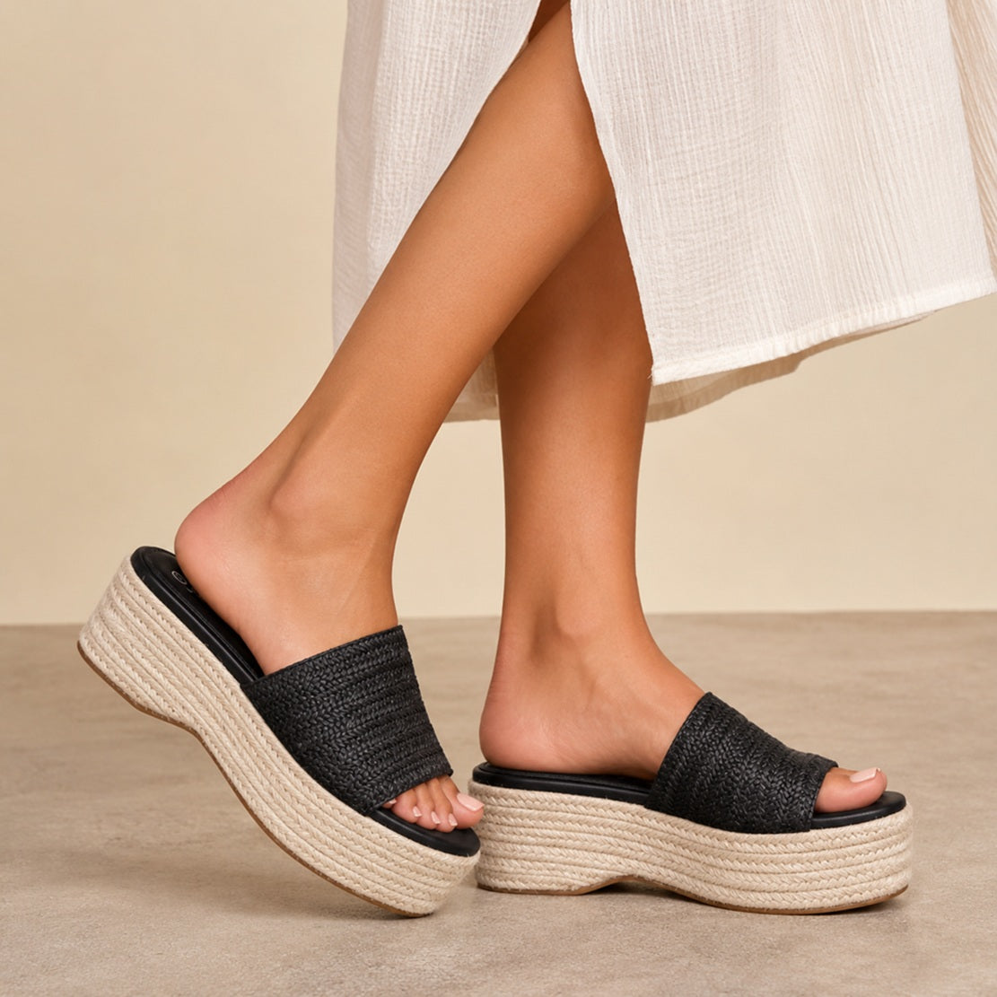Black Woven Upper Jute High Platform Wedge Sandals