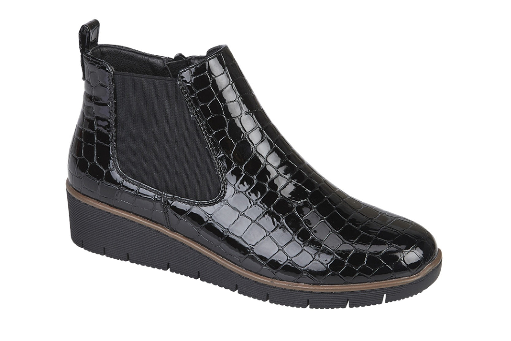 Black Patent Croc PU Wedge Twin Gusset Zip  Ankle Boots
