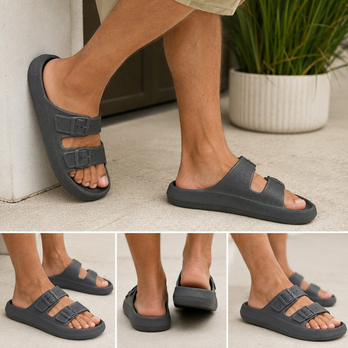 Matte Twin Buckle Men's Comfort Pillow Slider Grey