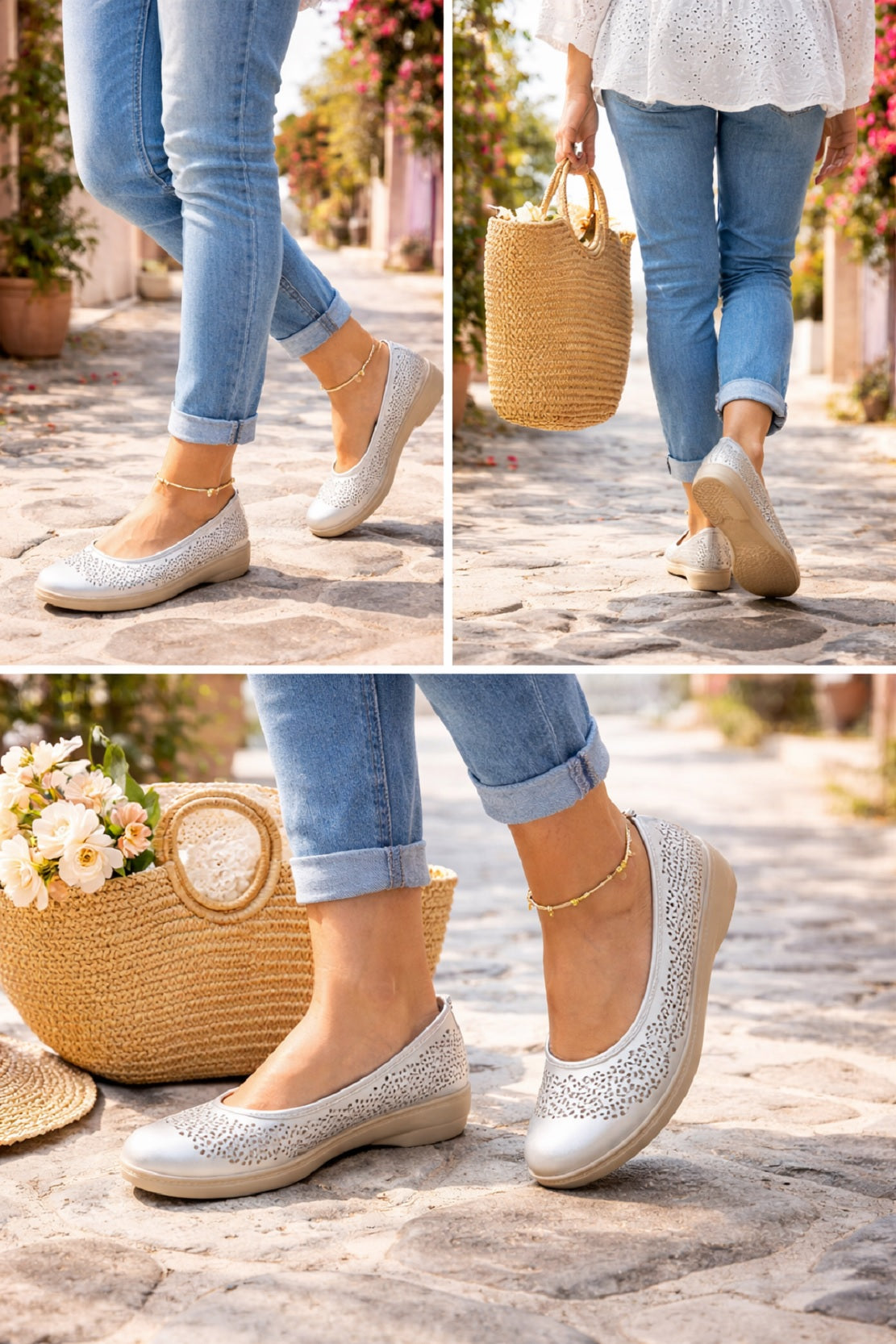 Metallic Silver Slip On Ballerina perforated Flats Pumps