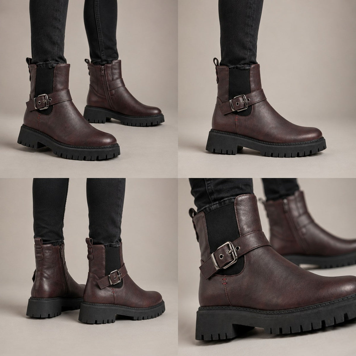 Chunky-Soled Ankle Boots with Elasticated Gusset & Buckle Strap Detail