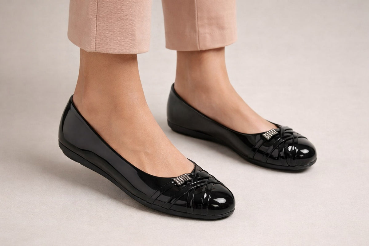Black Patent Slip On Ballerina Shoes Rhinestone Bow