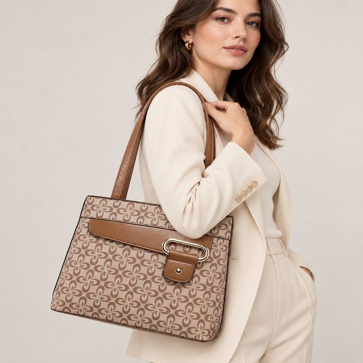 Women's Patterned Tote Shoulder Handbag with Buckle Detail