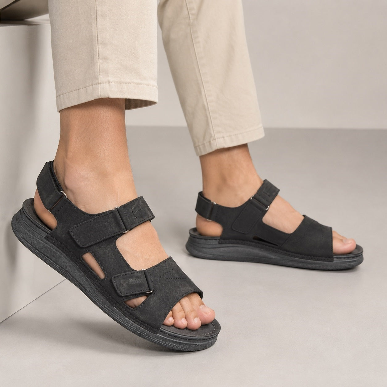 Men’s Comfort Walking Black Sandals with Adjustable Cushioned Sole