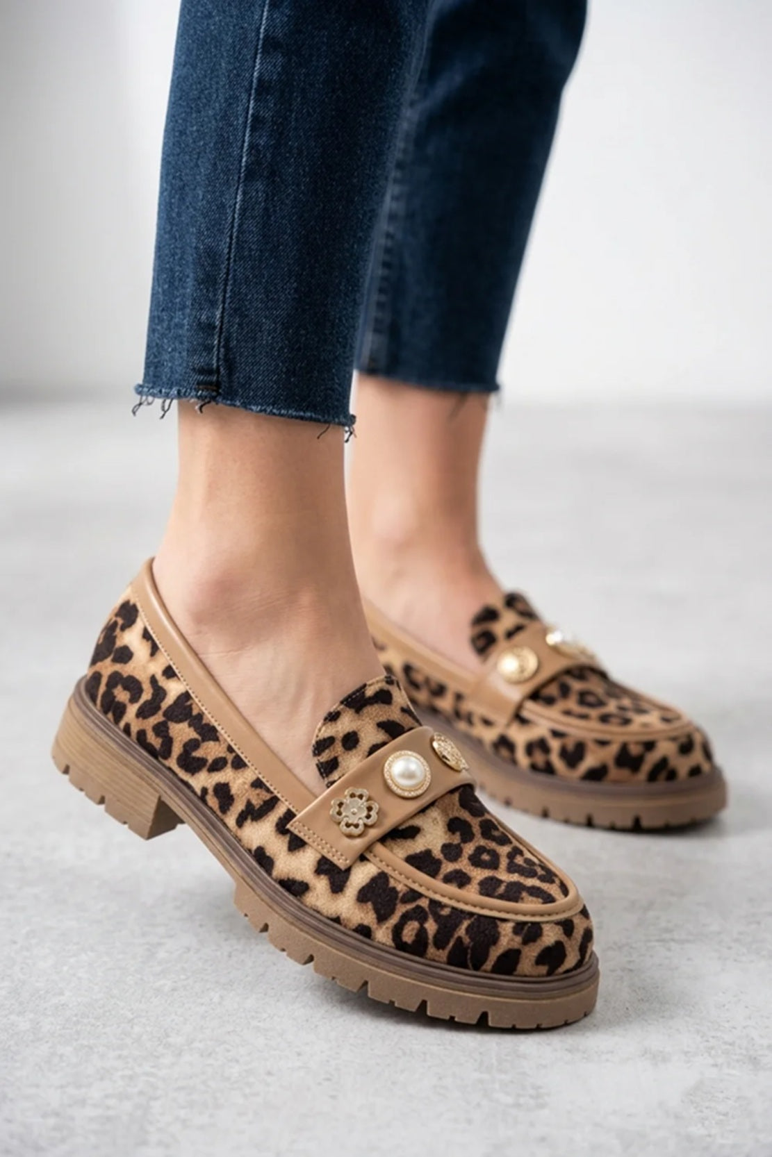 Brown Leopard Print Embellished Flat Loafers