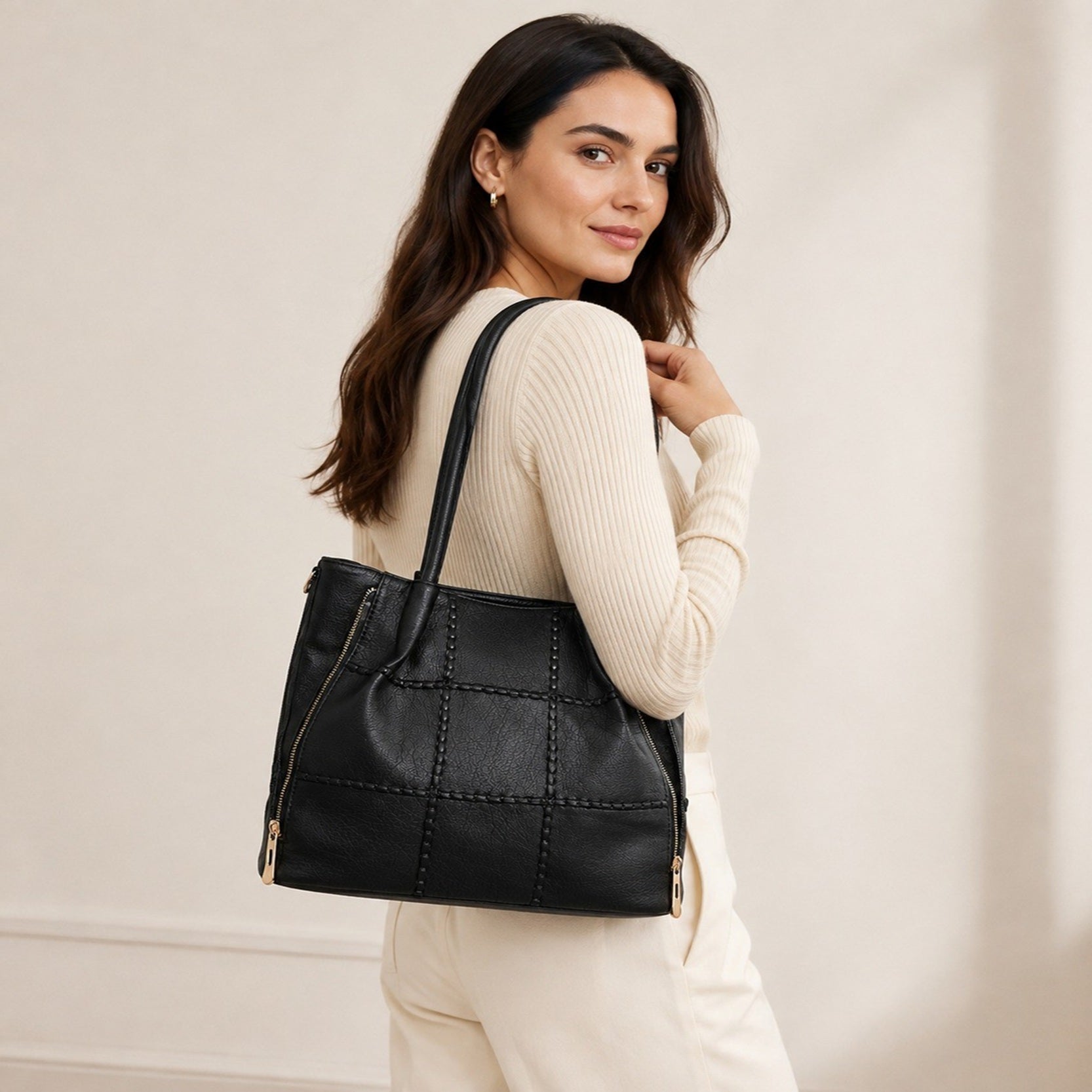 Women's Quilted Faux Leather Shoulder Tote Bag