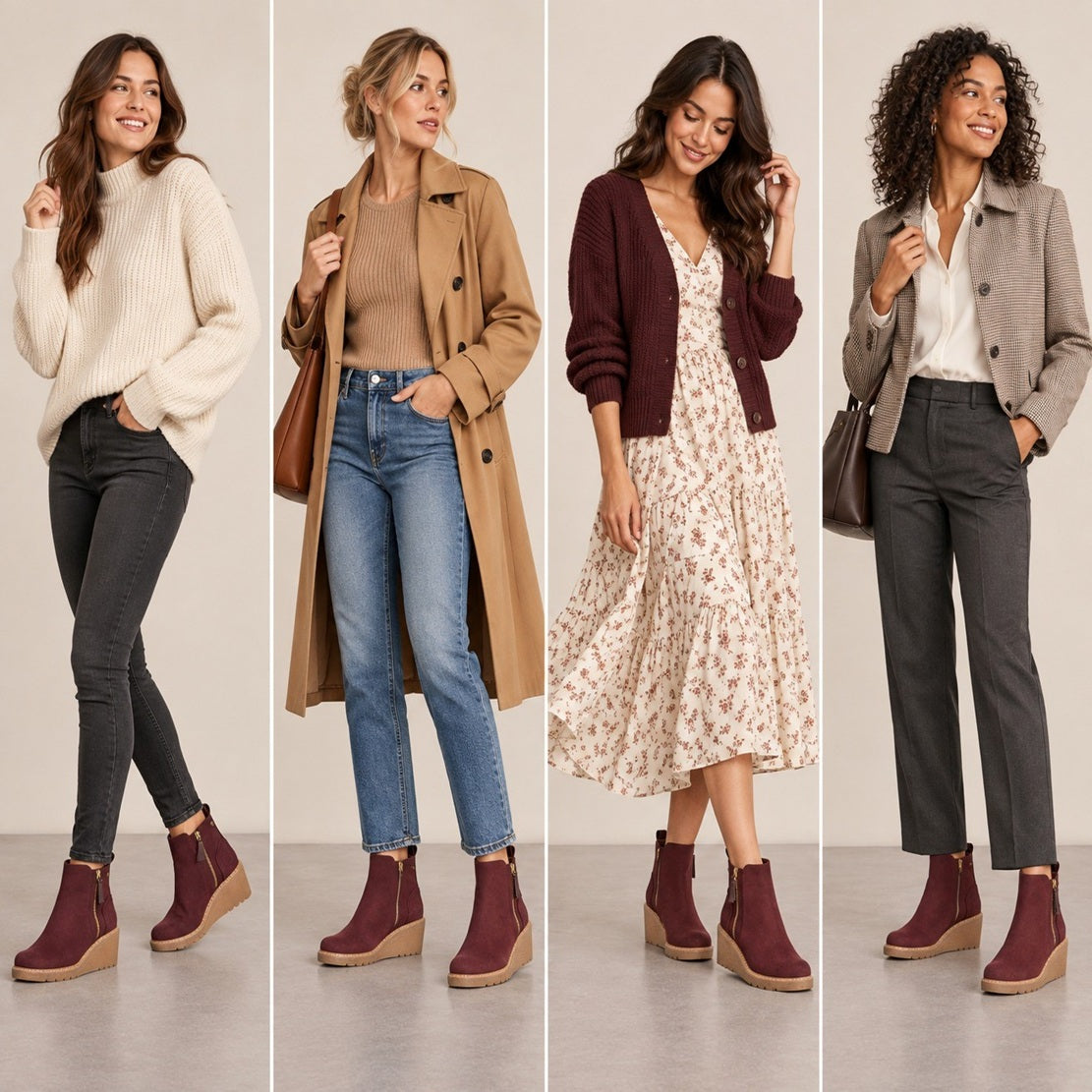 Women’s Burgundy Side-Zip Wedge Ankle Boots