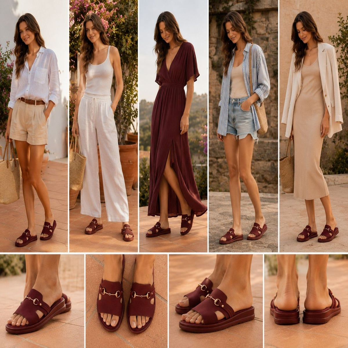 Burgundy Buckle Detail Slide Sandals