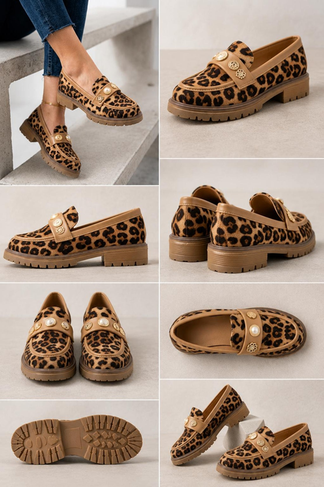 Brown Leopard Print Embellished Flat Loafers