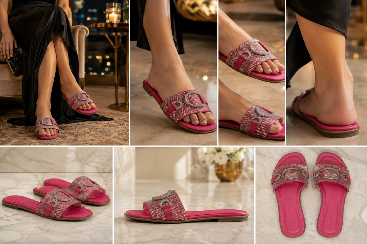 Rhinestone D-Buckle Flat Slides Sandals Hot Pink