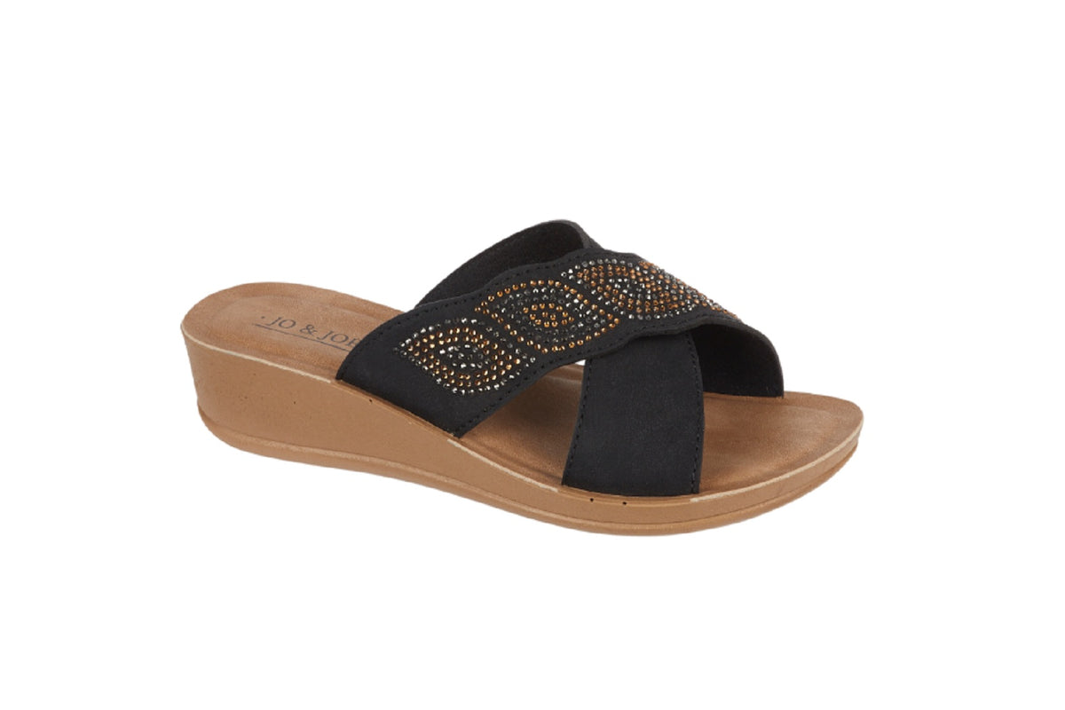 Black Rhinestone Cross-Strap Wedge Sandals slip-on Slides