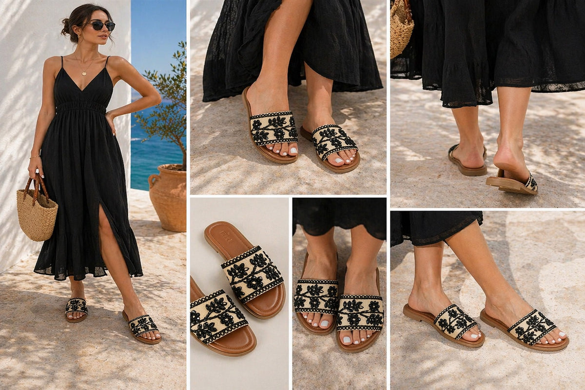 Black Floral Crystal & Pearl Embellished Flat Slider Sandals