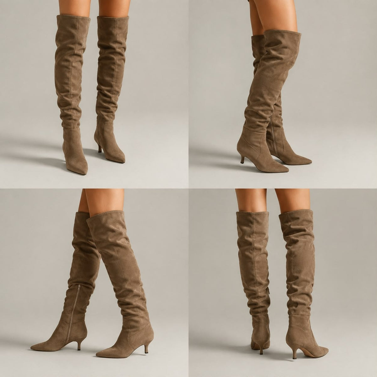 Pointed Kitten Heel Ruched Half-Zip Knee-High Boots - Wide Fit