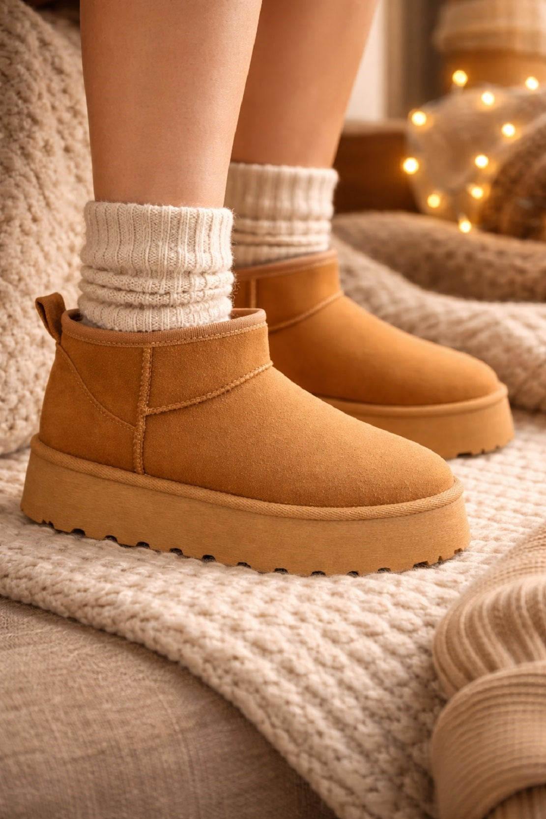 Platform Ankle Boots - Suede Slip-On Winter Shoes Chunky Sole