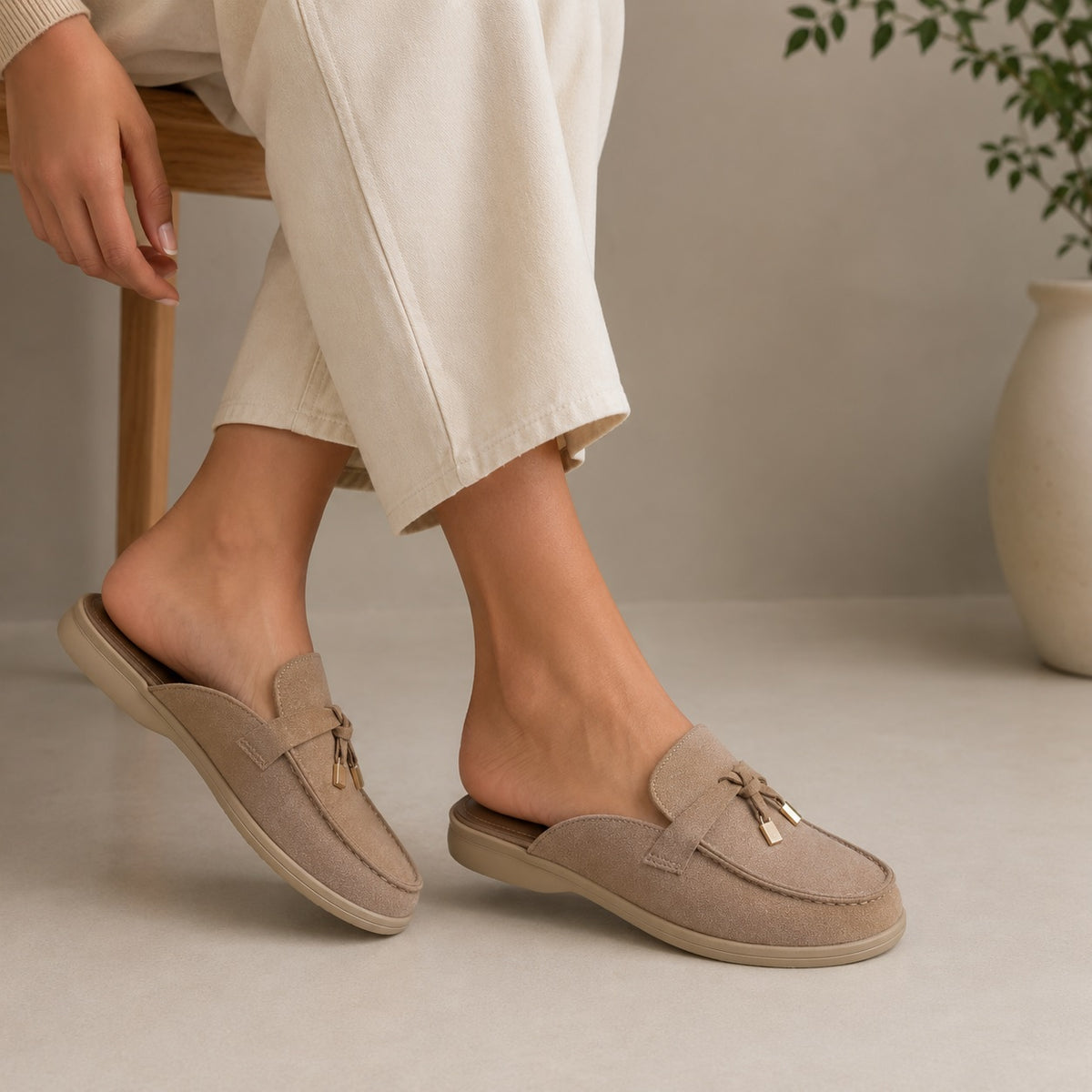 Nude Low Wedge Tassel Trim Moccasin Mule