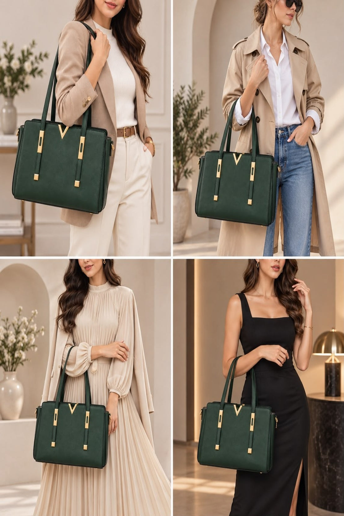 Women's Structured Faux Leather Crossbody Green Tote Bag with Gold Hardware