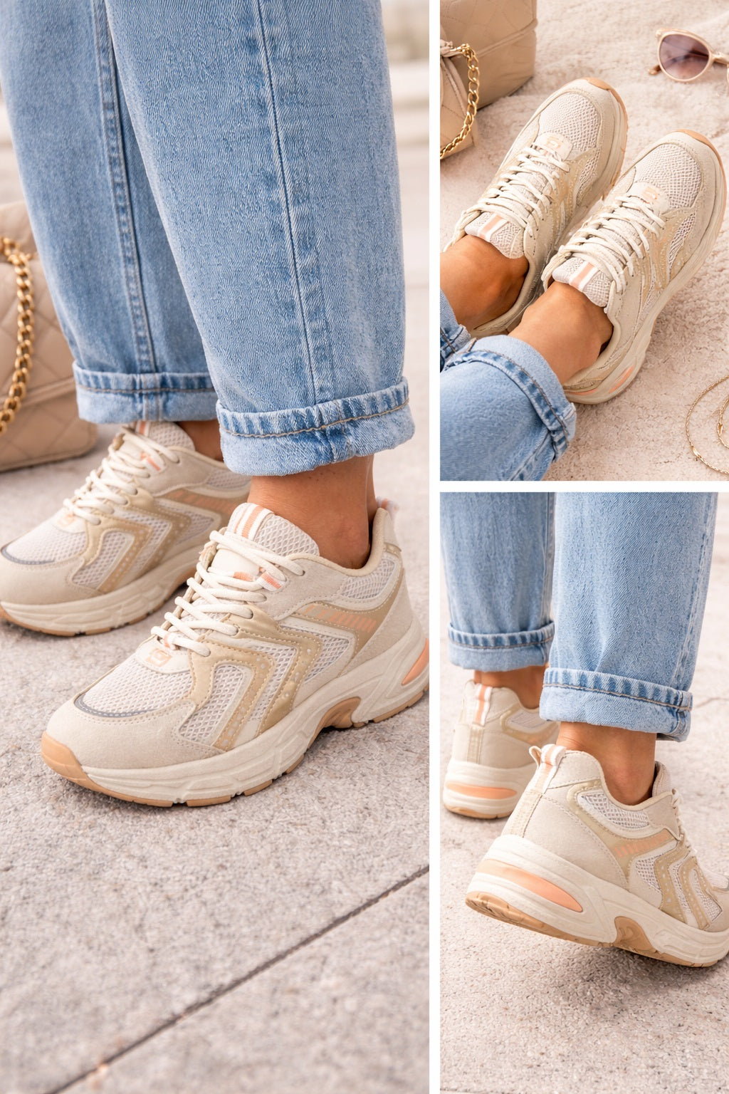 Women's Sporty Mesh Lace-Up Metallic Beige Lightweight Comfort Trainers