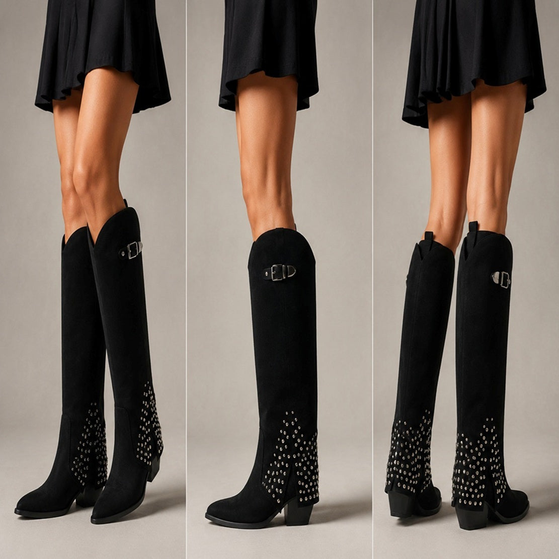 Studded Pointed Toe Knee High Western Boots