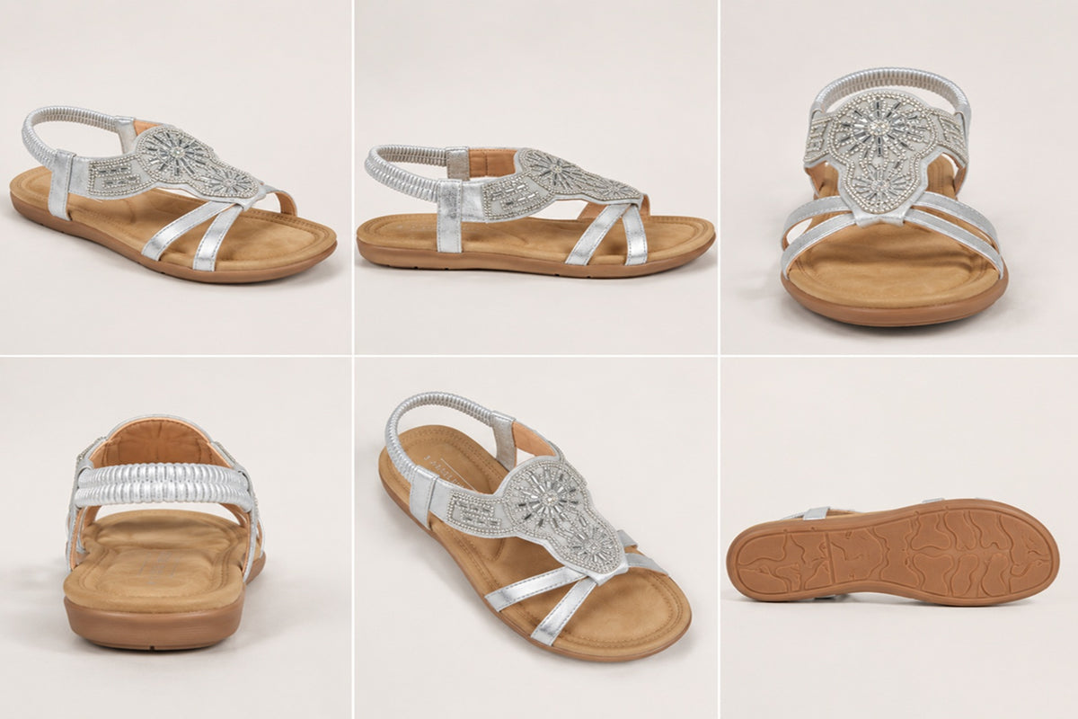 Silver Embellished Comfort Sandals Elastic Strap