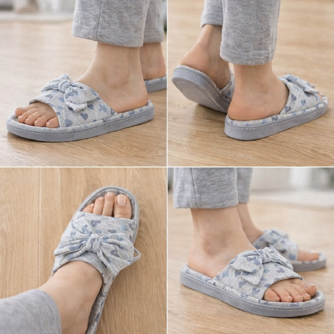 Women’s Soft Bow Slippers Grey Heart Print Cozy Slides
