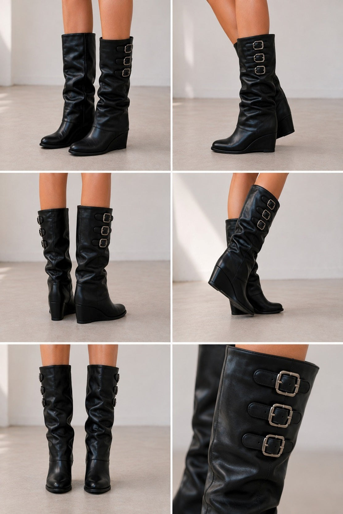 Women's Ruched Buckle Wedge Shark Boots PU Leather Hidden Zipper