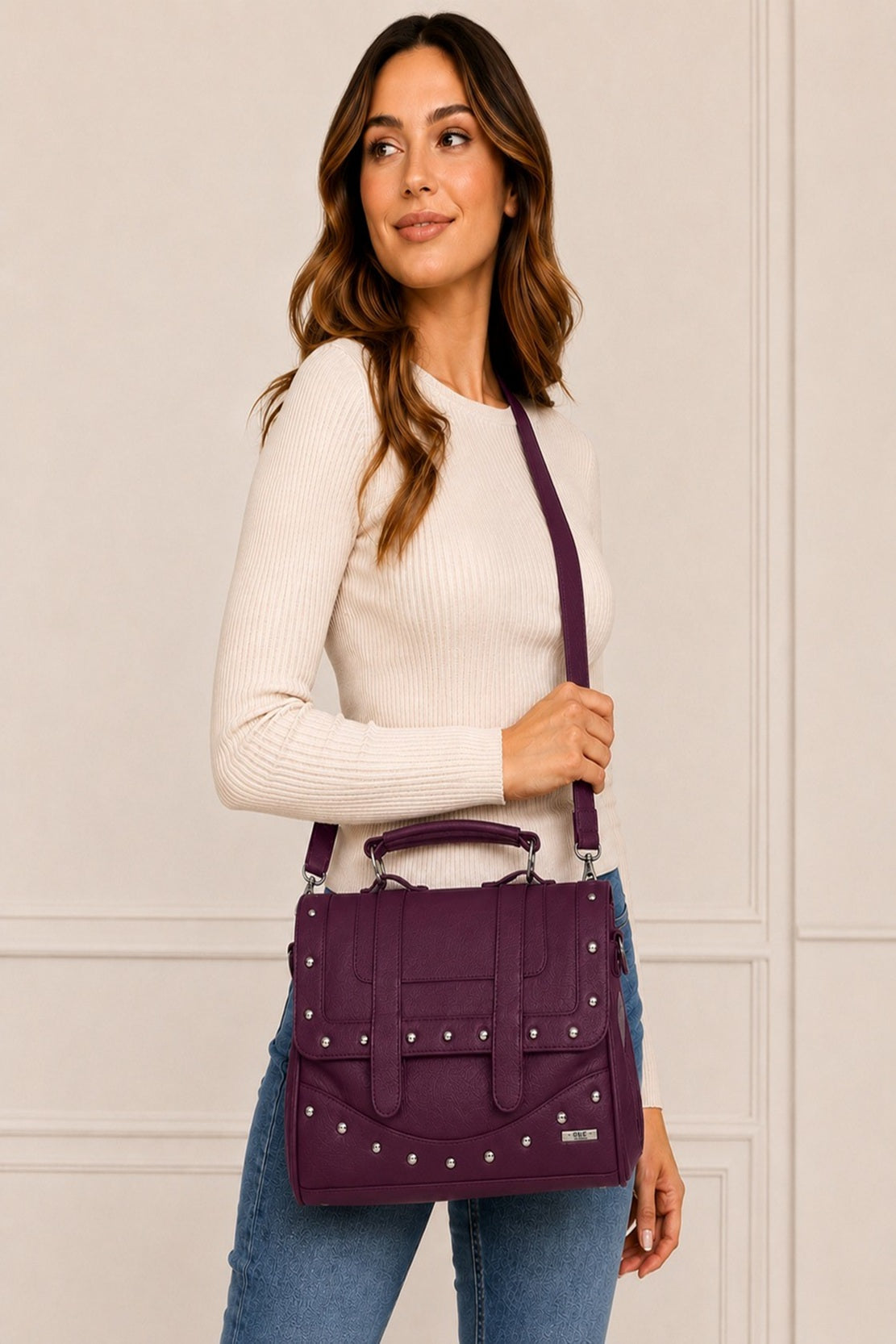 Women's Satchel Leather Grain PU Bag Twin Zips & Studs