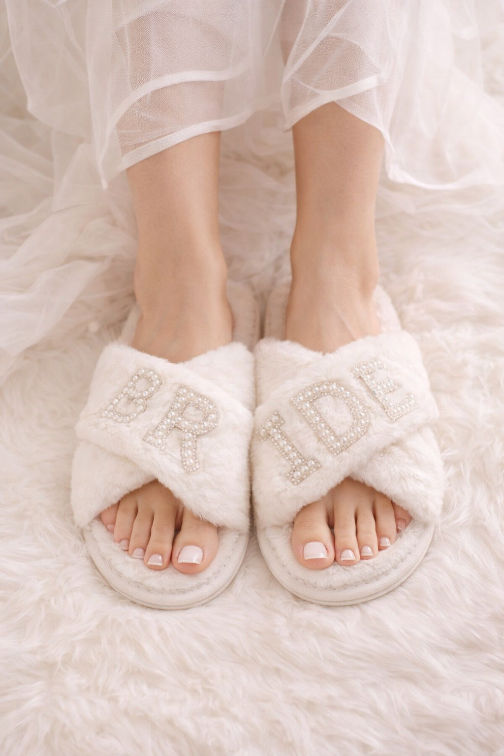 Fluffy Cross Strap BRIDE Rhinestone Soft Faux Wide Fit Slippers