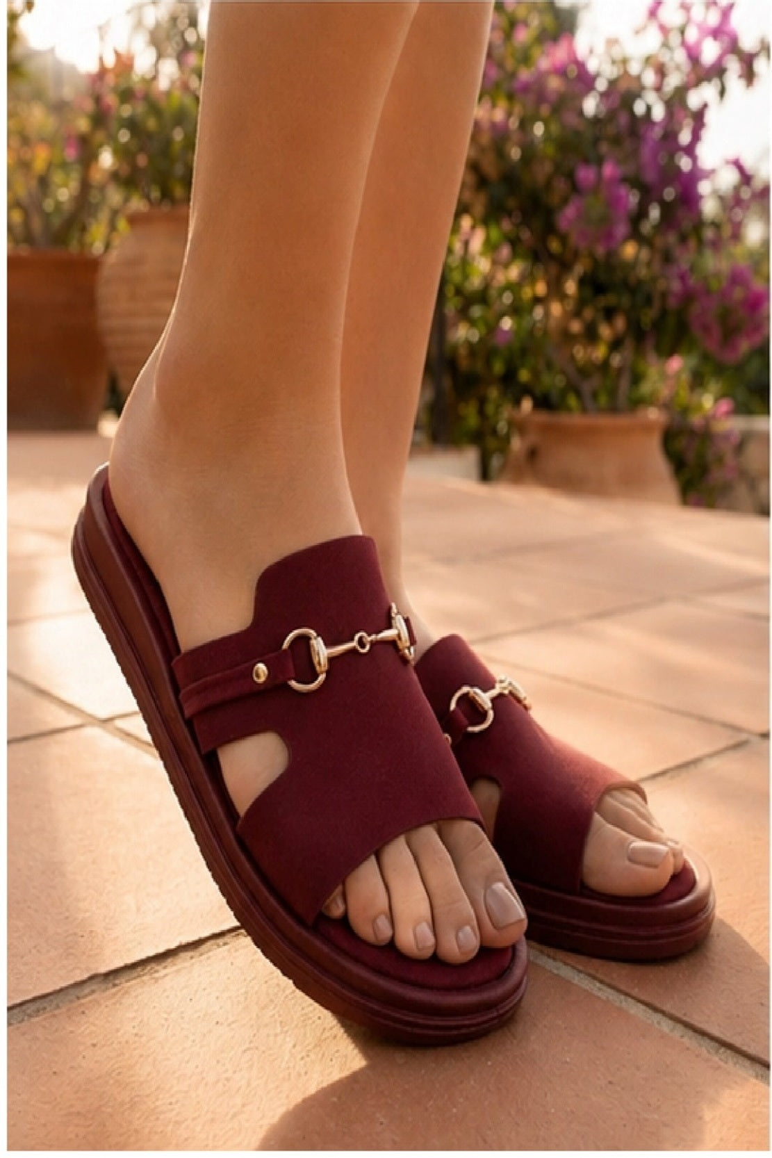 Burgundy Buckle Detail Slide Sandals