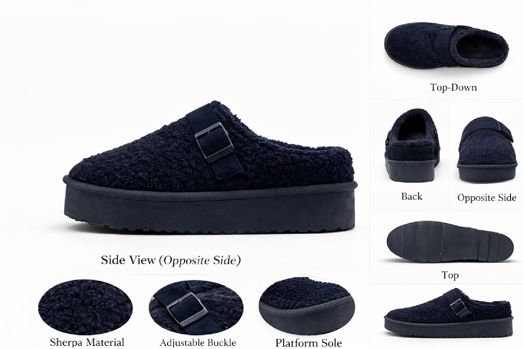 Women’s Navy Fleece Platform Slippers – Cozy Buckle Strap Mule Shoes
