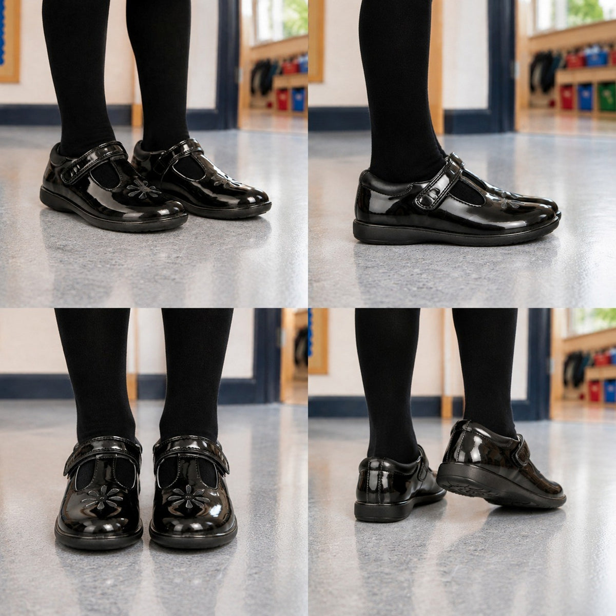Patent Mary Jane School Shoes with Floral Detail