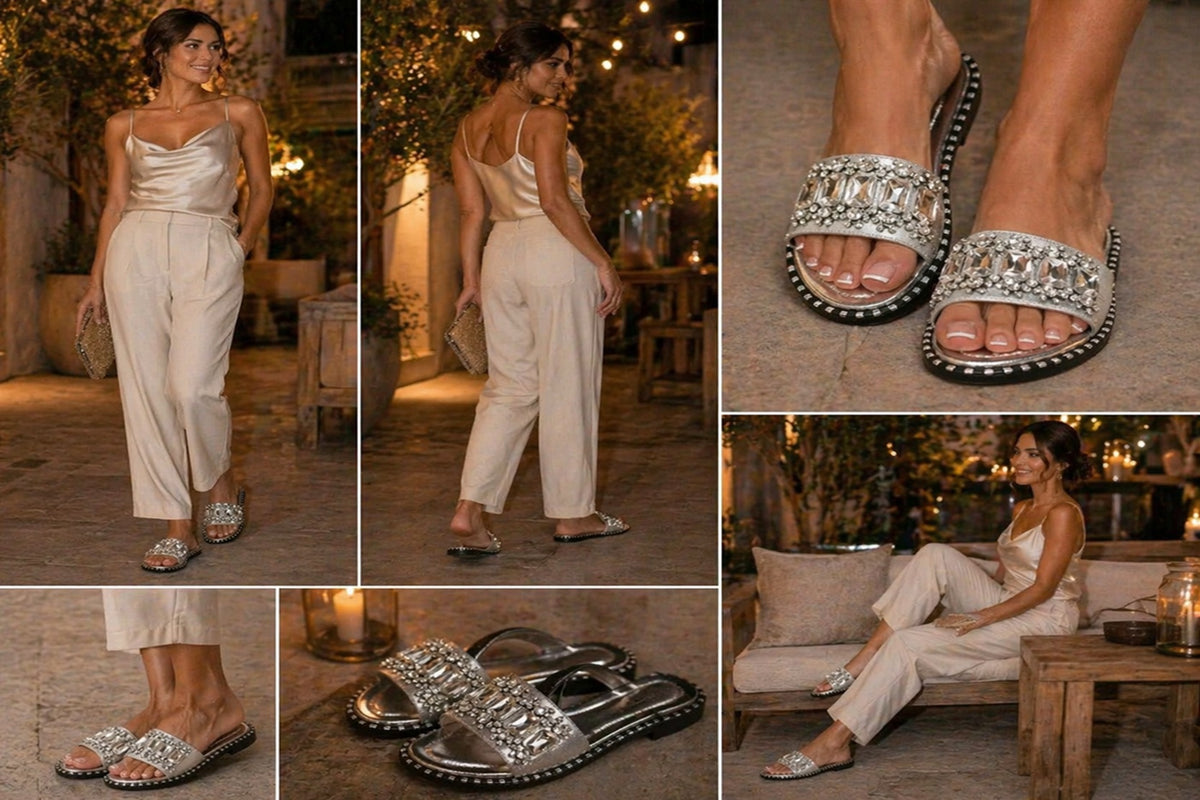 Embellished Sandals Sparkle Flat Slides Rhinestone Silver slider