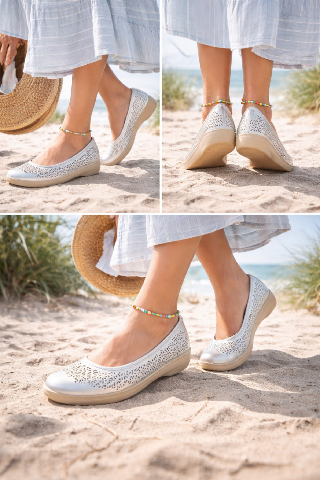 Metallic Silver Slip On Ballerina perforated Flats Pumps