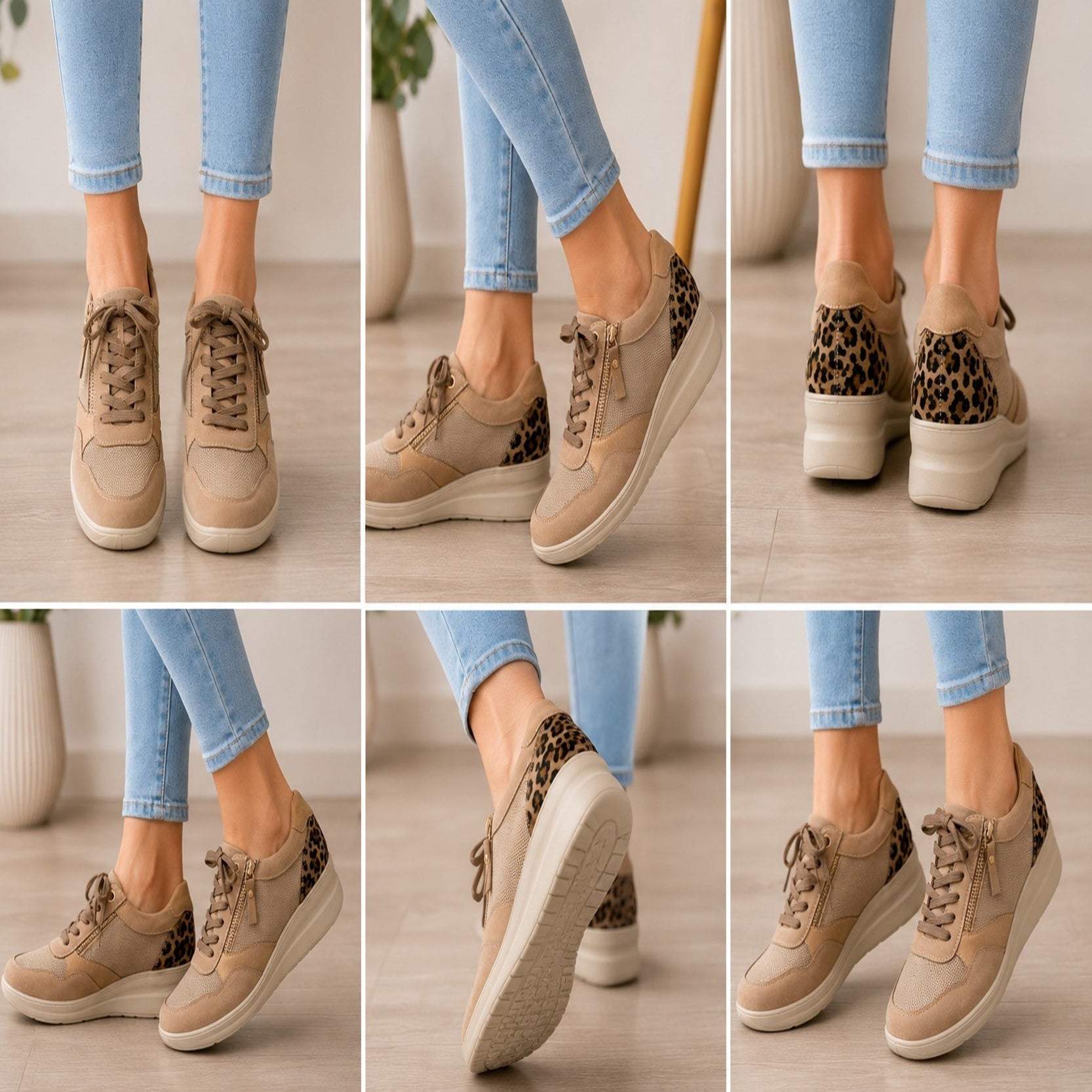 Women's Taupe Leopard Panel Comfort Wedge Trainers