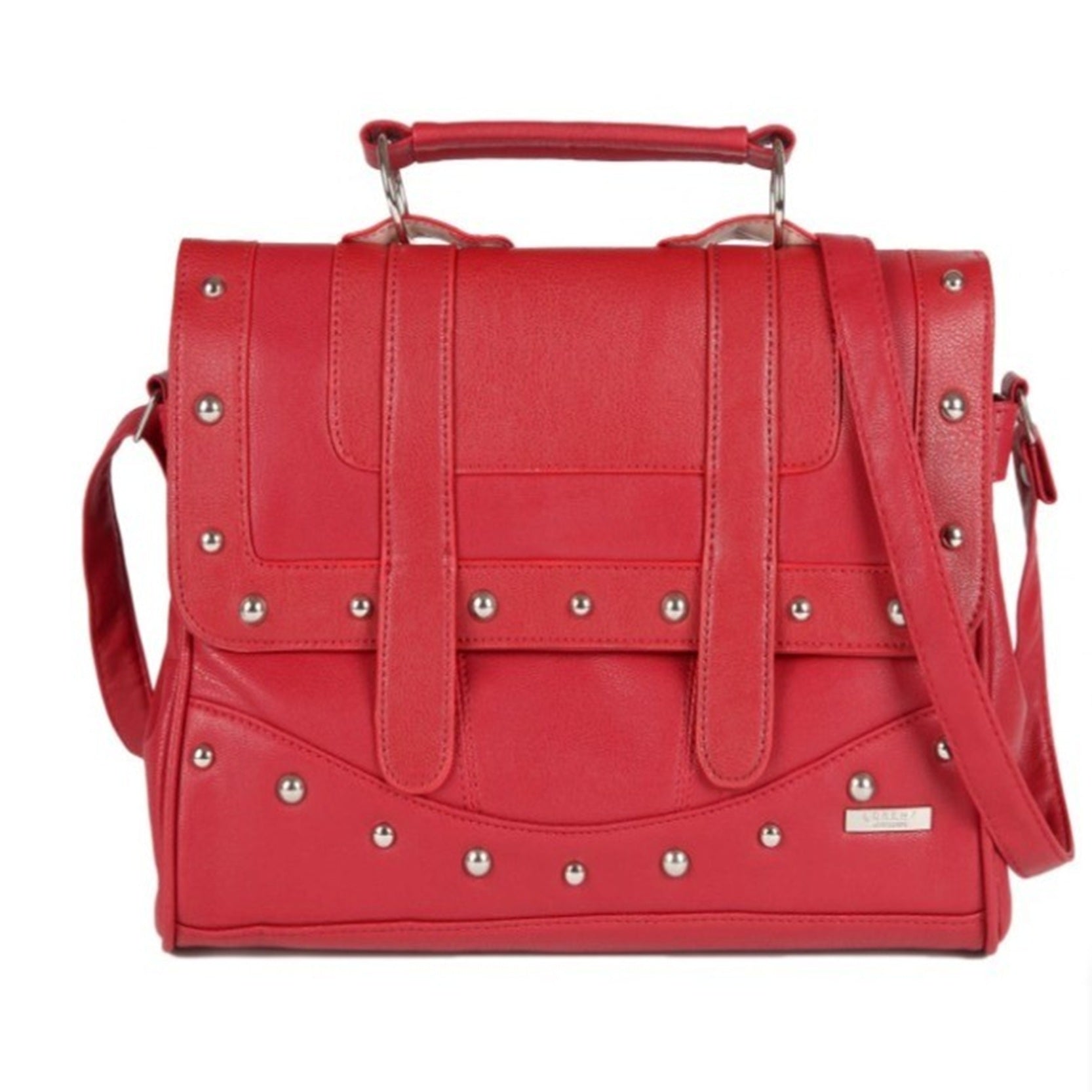 Women's Satchel Leather Grain PU Bag Twin Zips & Studs