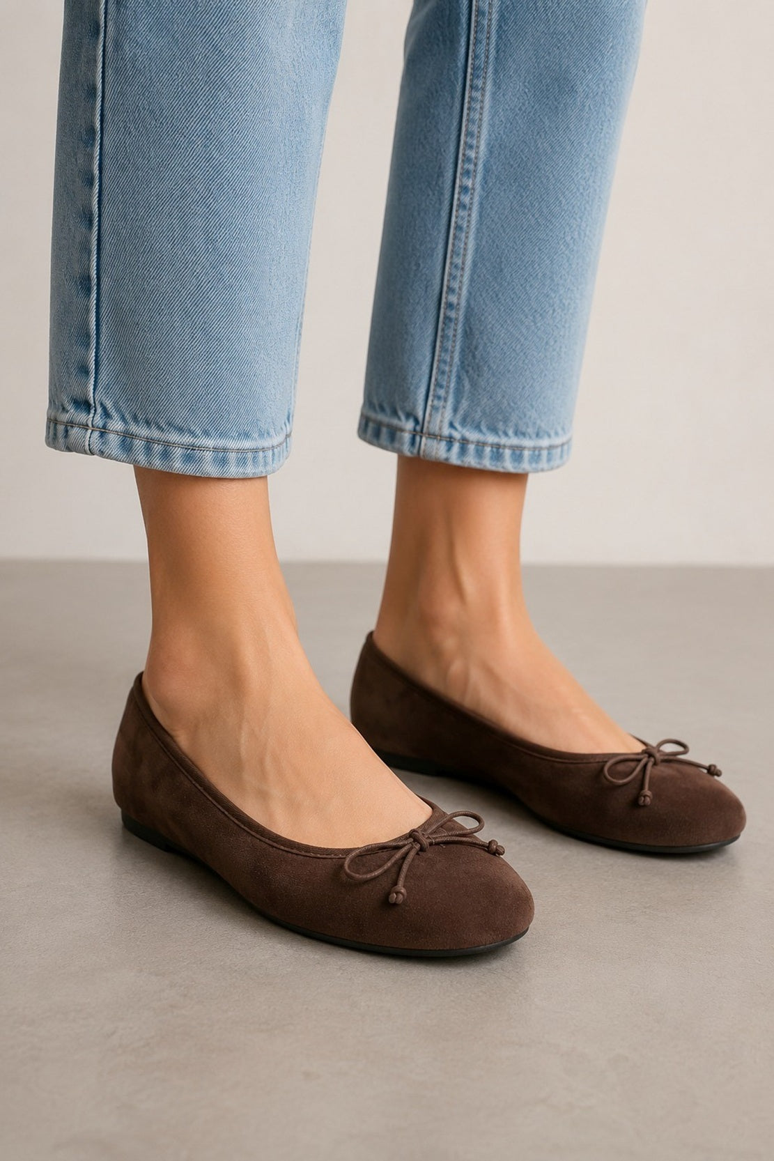 Women's Wide Fit Brown Suede Ballet Flats with Bow Detail