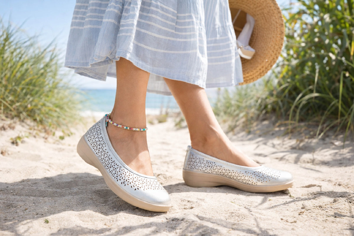 Metallic Silver Slip On Ballerina perforated Flats Pumps