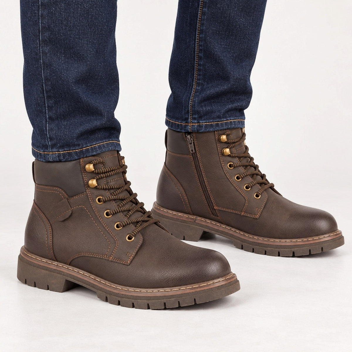 Men's Lace-Up Ankle Boots with Side Zip Chunky Sole