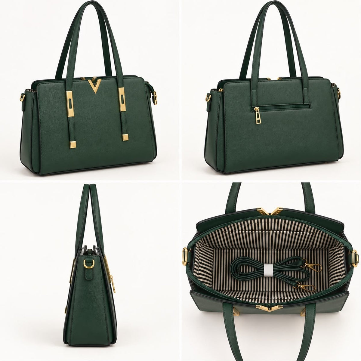 Women's Structured Faux Leather Crossbody Green Tote Bag with Gold Hardware