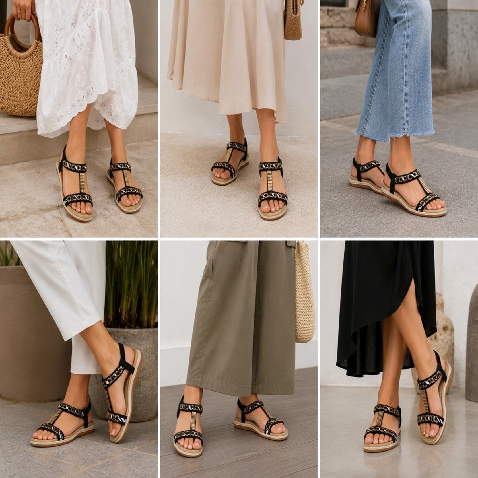 Women's Diamante and Chain Detail Elasticated Flat Sandal