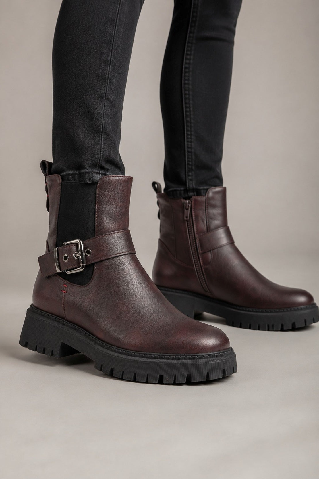 Chunky-Soled Ankle Boots with Elasticated Gusset & Buckle Strap Detail