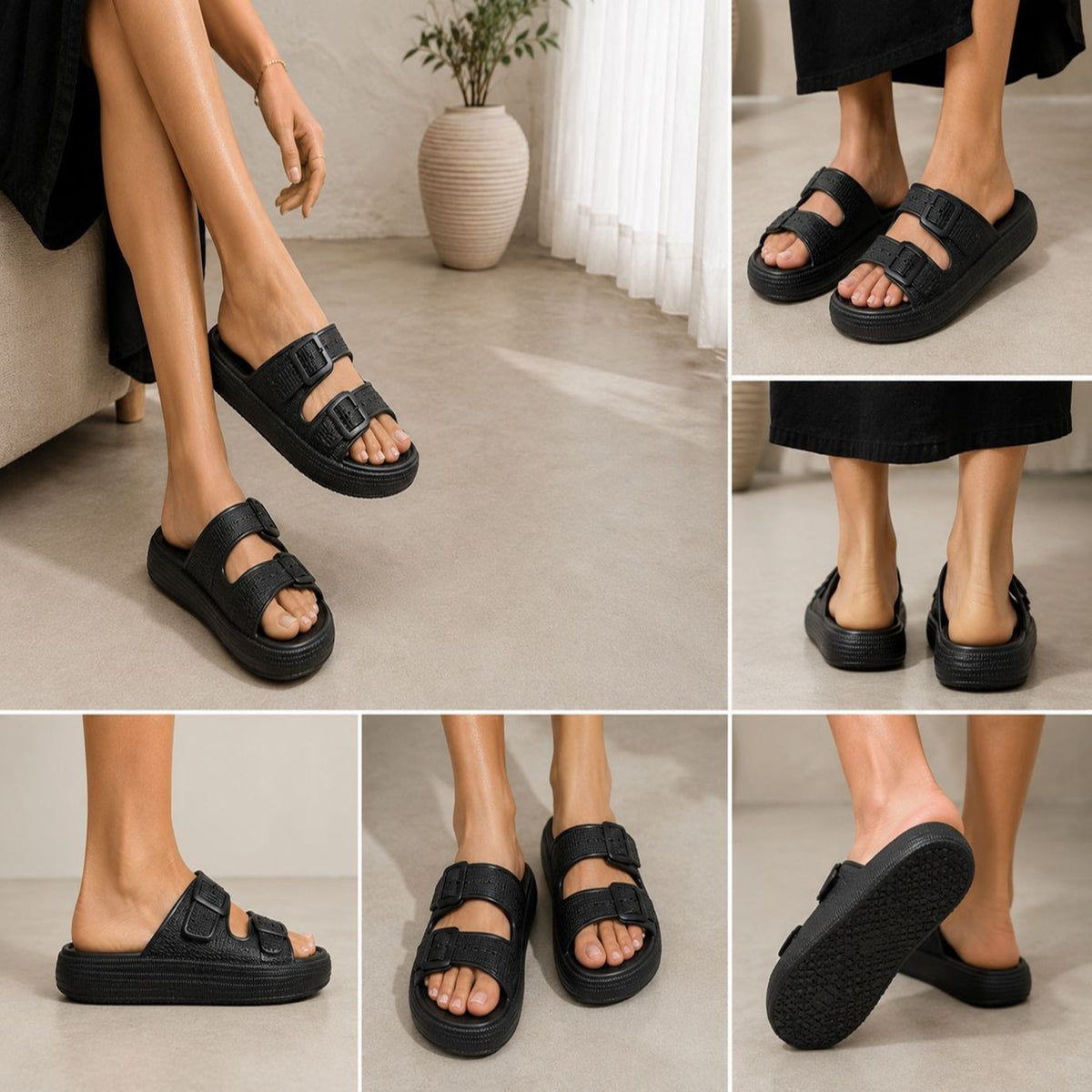 Women's Black Triple Buckle Flatform Sandals