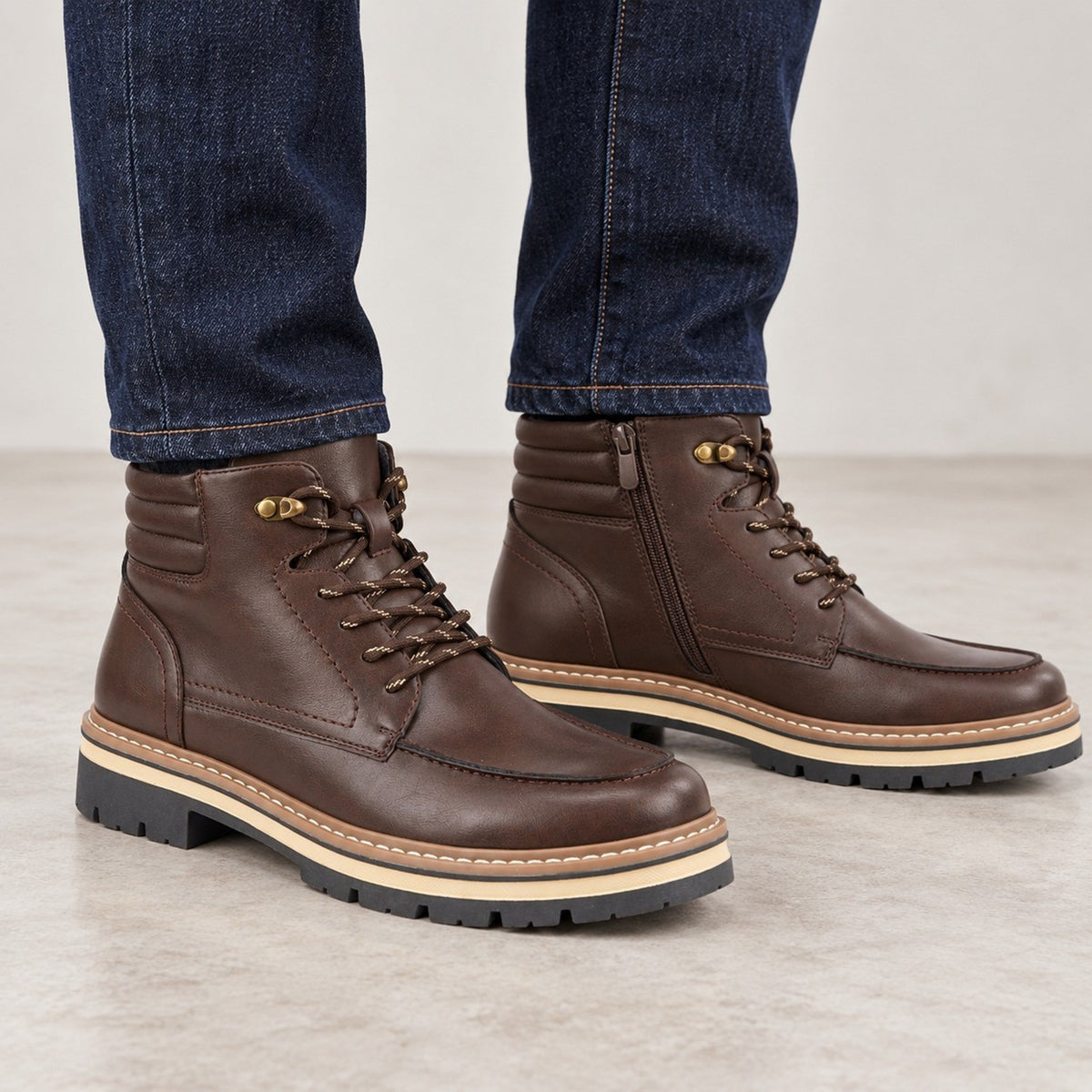 Men's Lace-Up Ankle Boots with Side Zip & Lug Sole