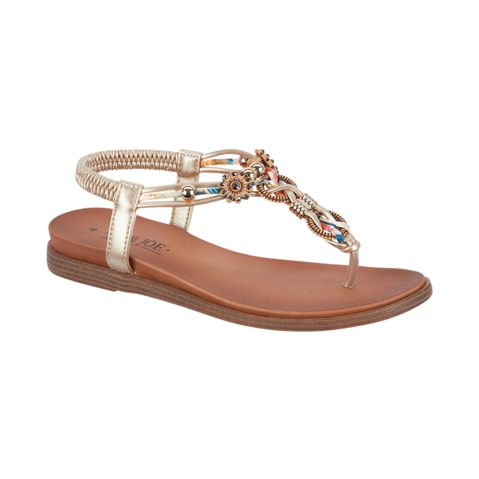 Women's Gold Multi Embellished T-Bar Flat Sandals