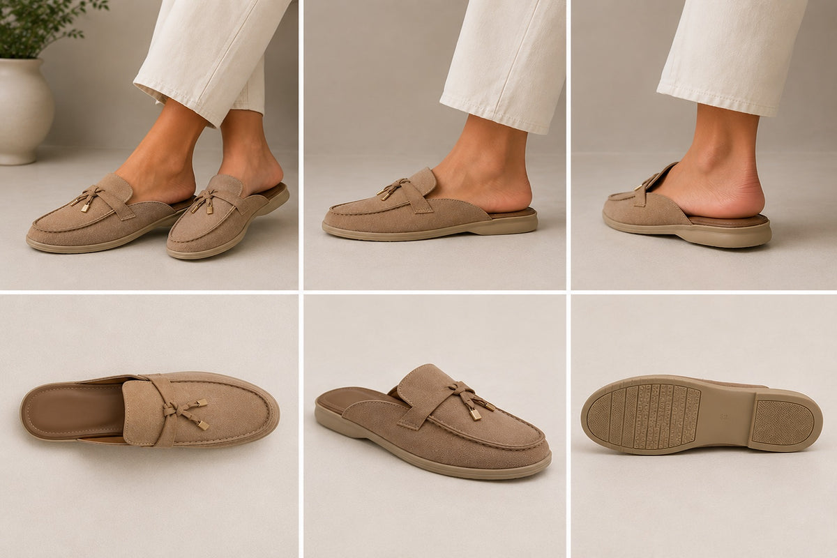 Nude Low Wedge Tassel Trim Moccasin Mule