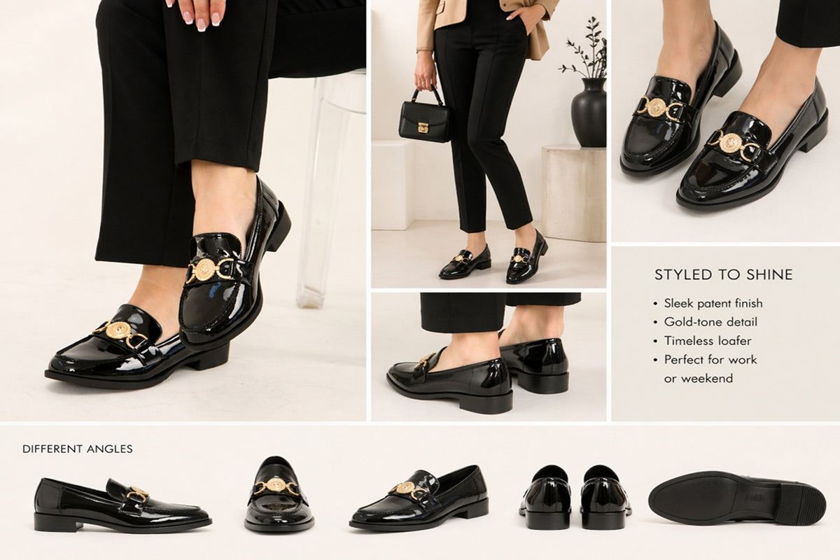 Black Patent Slip On Loafer Shoes Gold Medallion