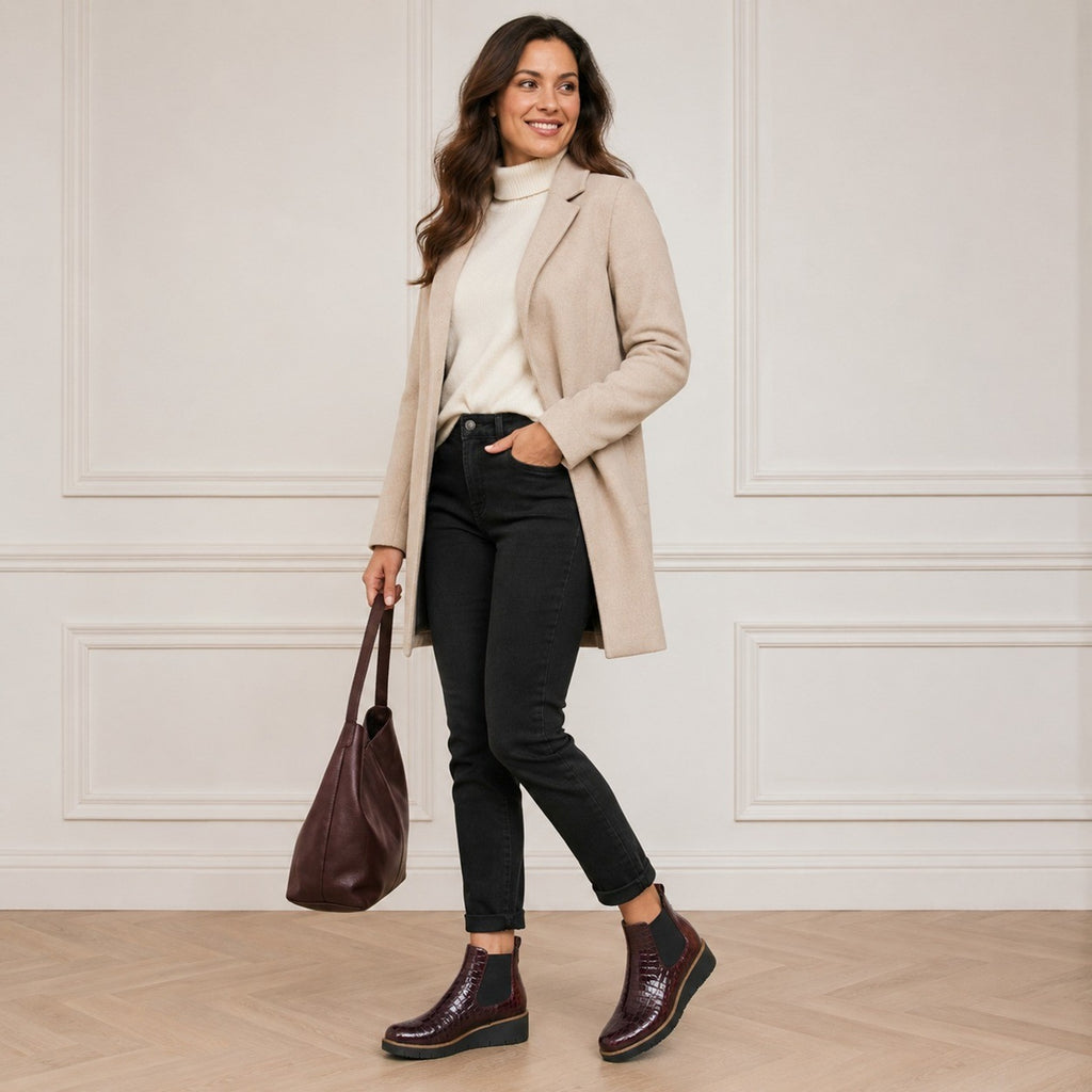 Burgundy Wedge Twin Gusset Ankle Boots Patent