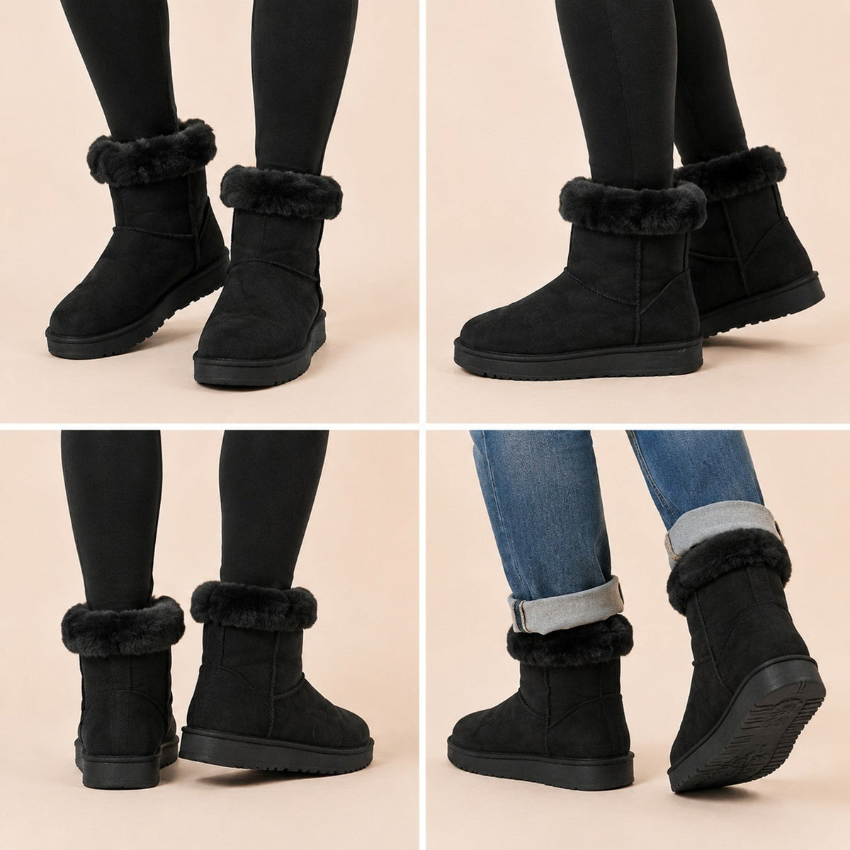 Women's Brown Faux Fur Collar Mid-Calf Boots - Black / Coffee