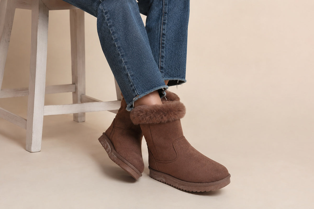 Women's Brown Faux Fur Collar Mid-Calf Boots - Black / Coffee